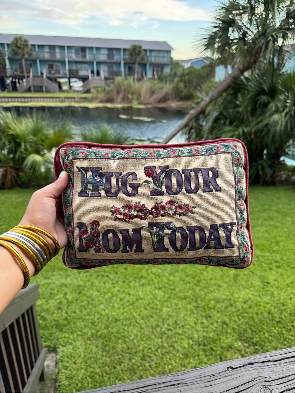 “Hug Your Mom Today” needlepoint Decorative vintage Throw Pillow